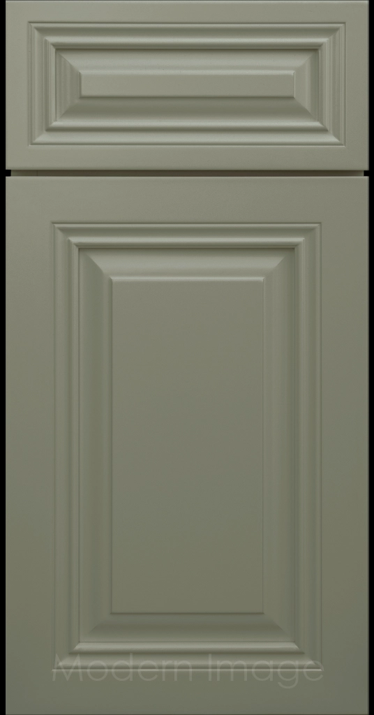 Evergreen color Cambridge cabinet door with a mitered frame and raised center panel.